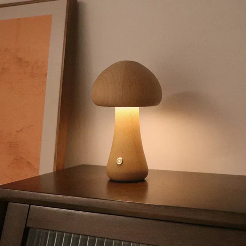 Wooden mushroom LED touch table lamp