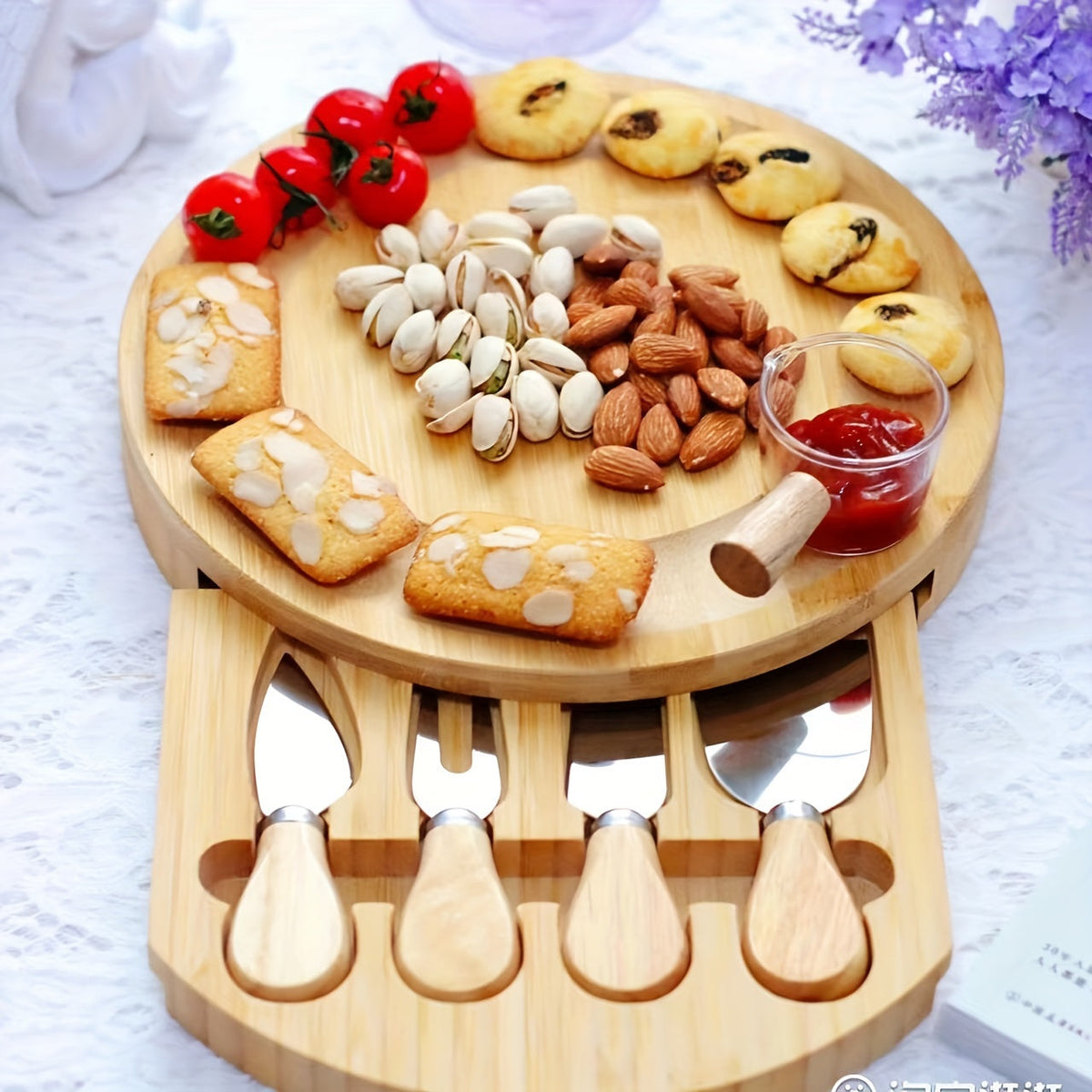 Round bamboo cheese board with 4 knives and drawer