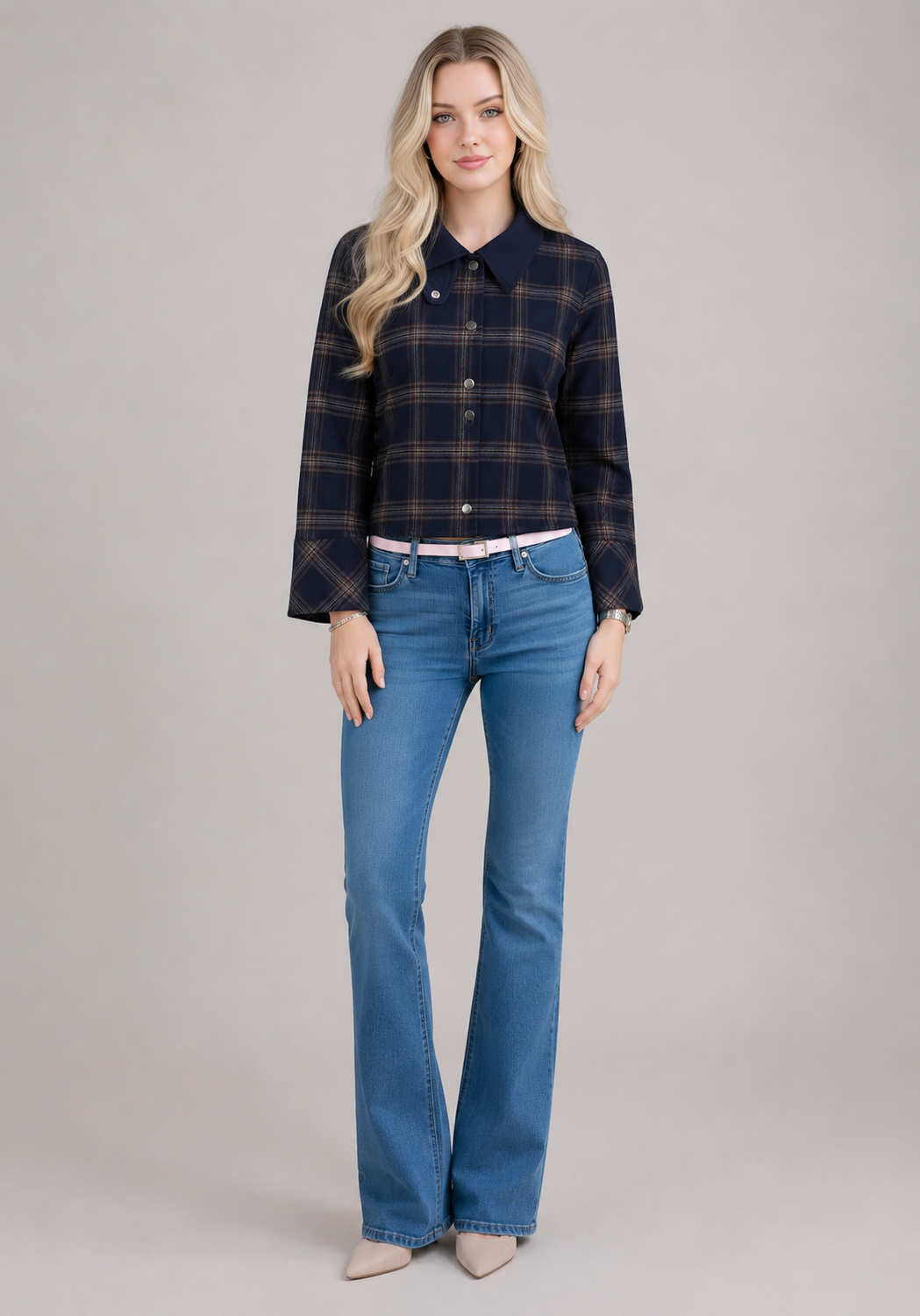Women Hooded Plaid Jacket Single Breasted High Neck Long Sleeve Outerwear