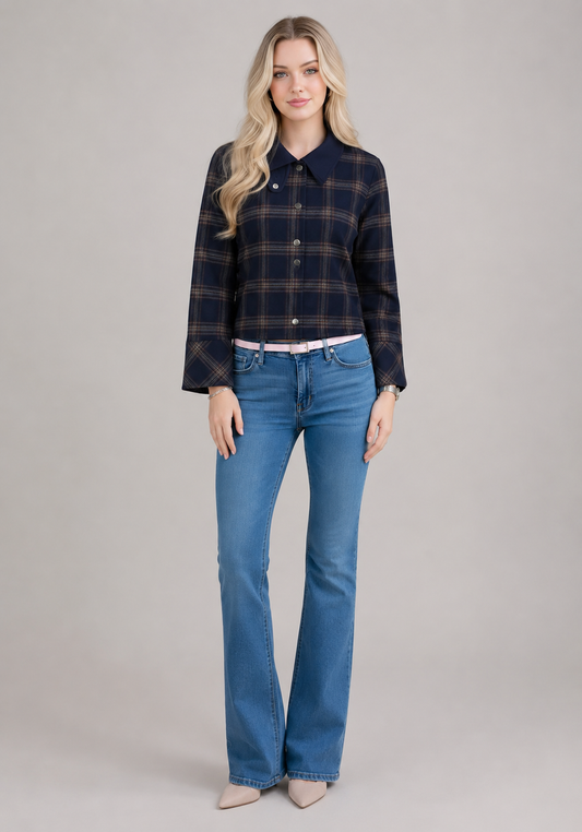 Women Hooded Plaid Jacket Single Breasted High Neck Long Sleeve Outerwear