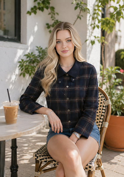 Women Hooded Plaid Jacket Single Breasted High Neck Long Sleeve Outerwear