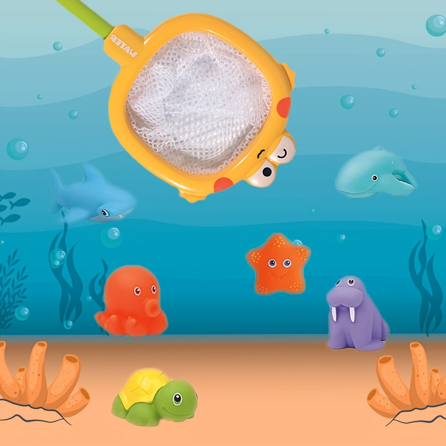 Bath toy set with floating sea animals and nets