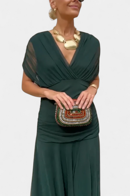 Ruched Maxi Dress – Elegant V-Neck Flowing Dress