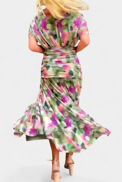 Ruched Maxi Dress – Elegant V-Neck Flowing Dress