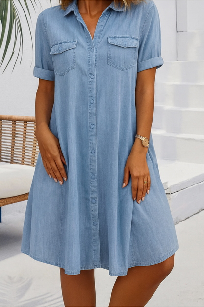 Women's denim-look button-down shirt dress - front