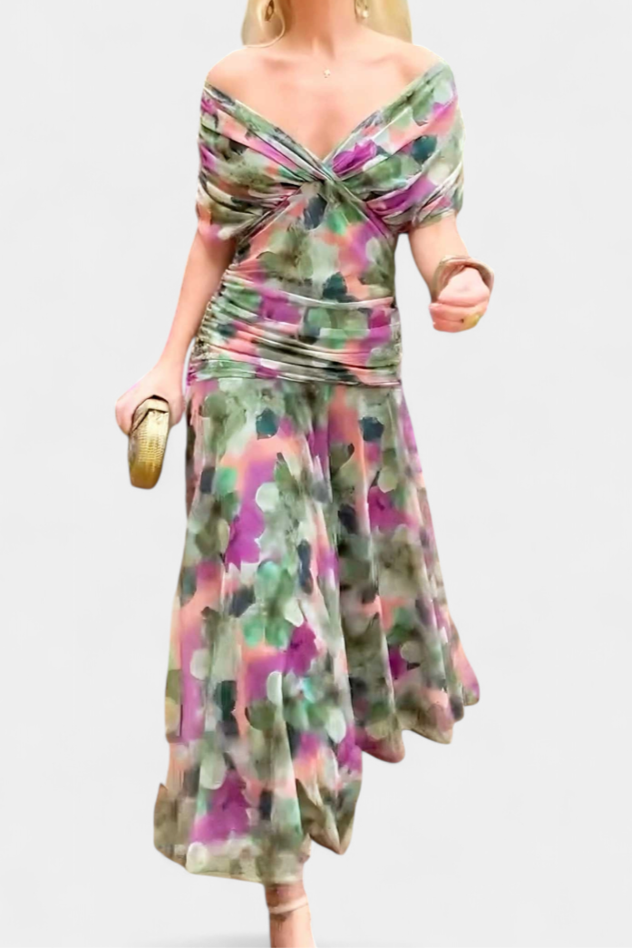 Ruched Maxi Dress – Elegant V-Neck Flowing Dress