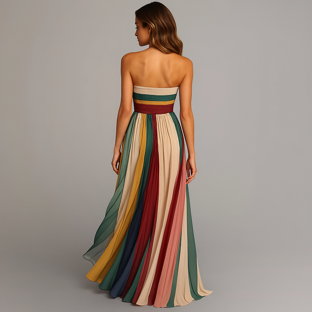 Women's strapless pleated colourful maxi dress