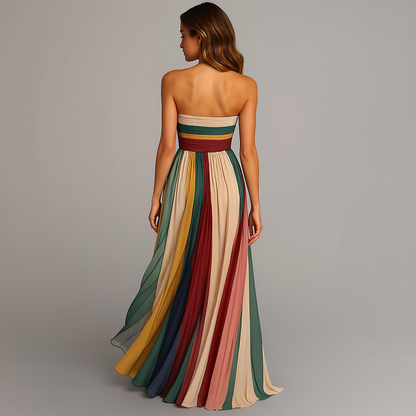 Women's strapless pleated colourful maxi dress