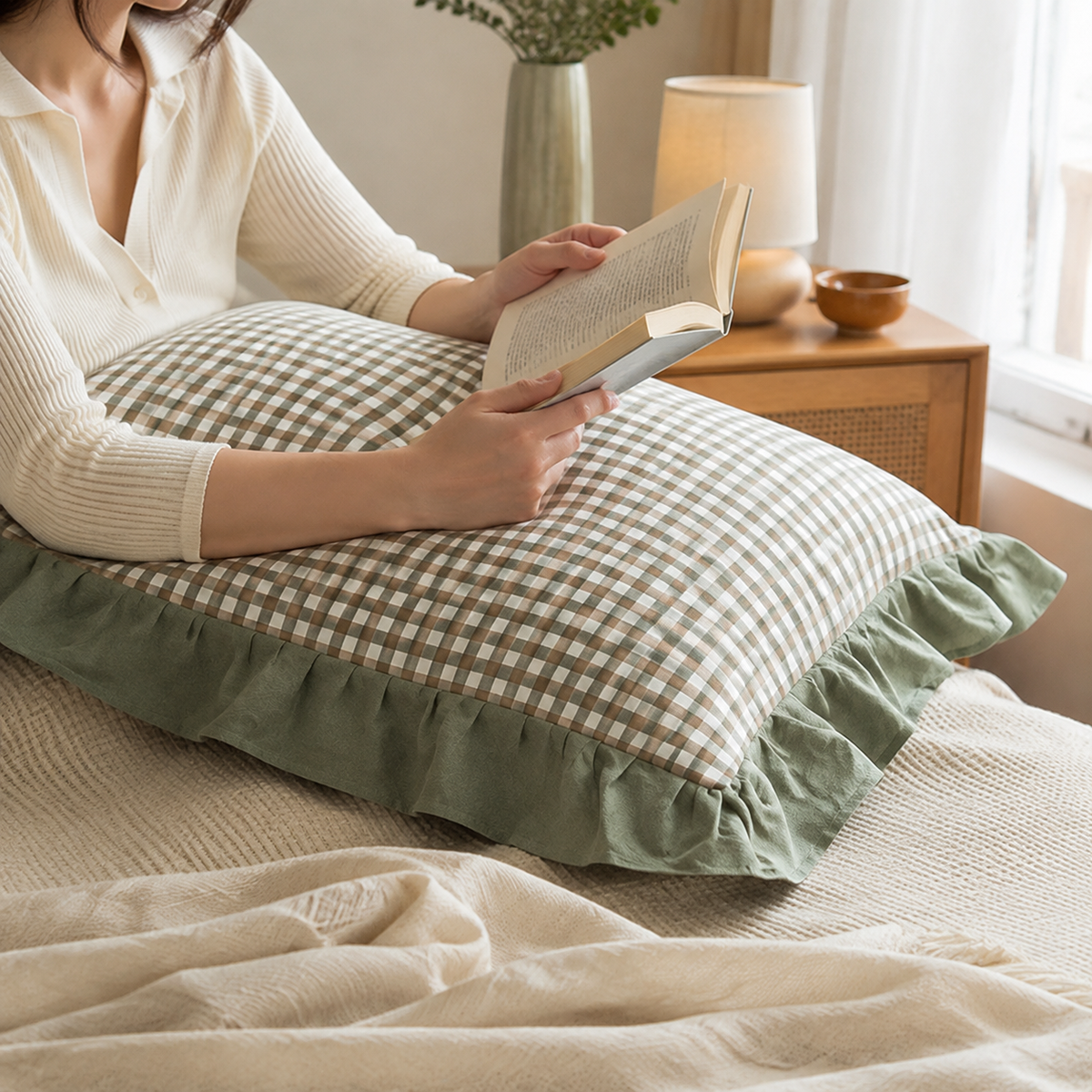 Checked washed cotton pillowcase with ruffle edge