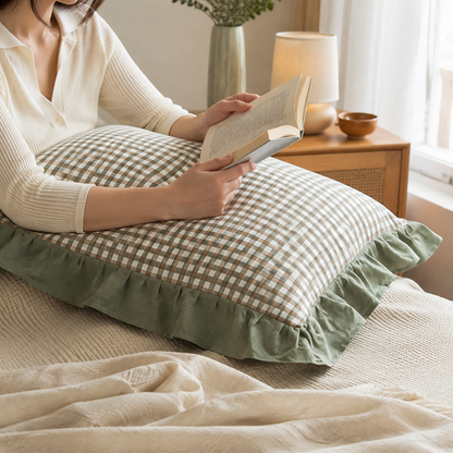 Checked washed cotton pillowcase with ruffle edge