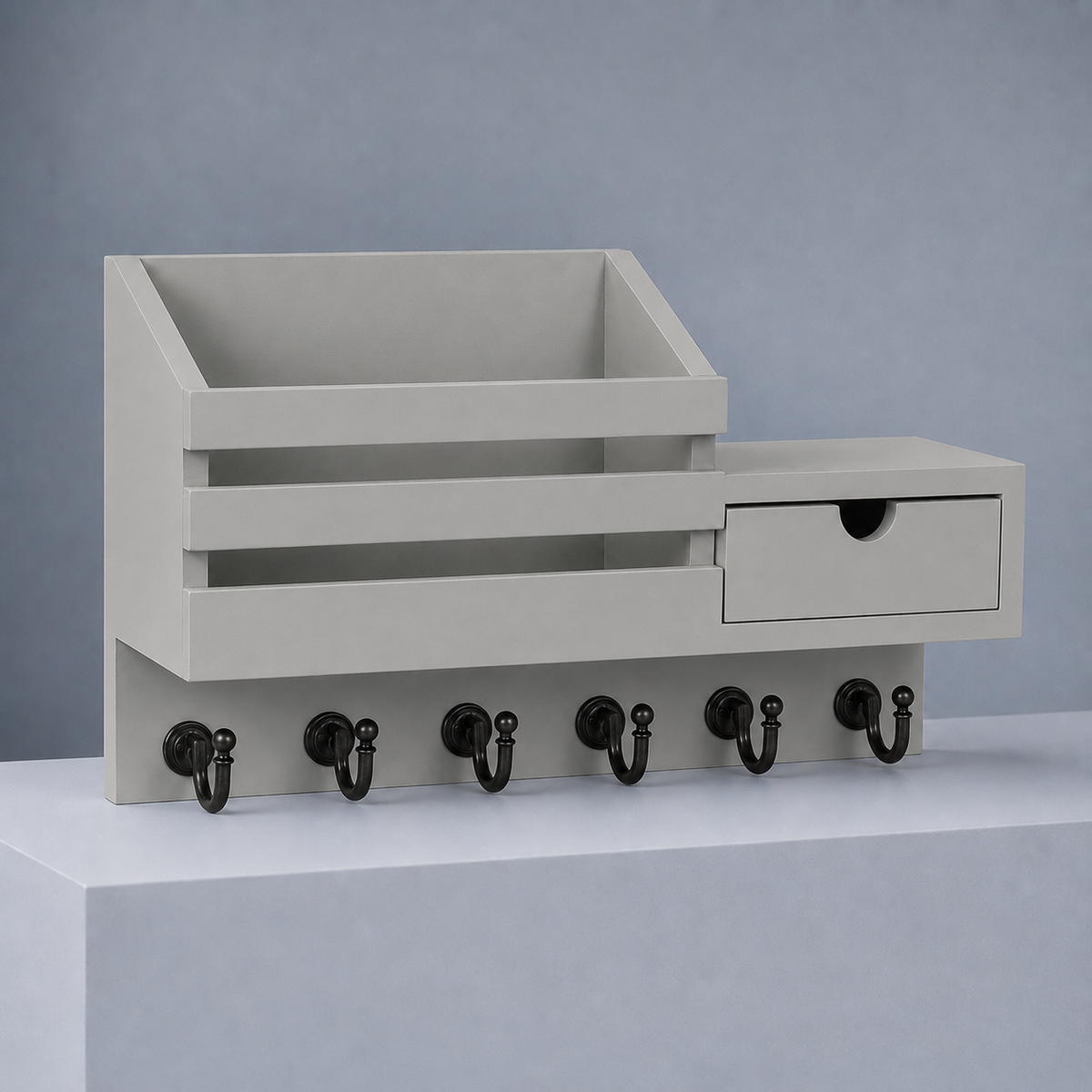 Wall-mounted entryway key rack with shelf drawer and hooks