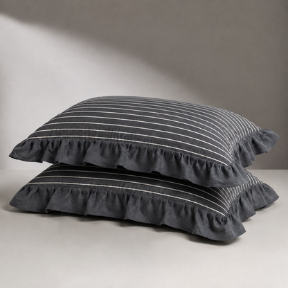 Checked washed cotton pillowcase with ruffle edge