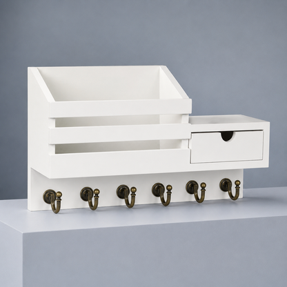 Wall-mounted entryway key rack with shelf drawer and hooks