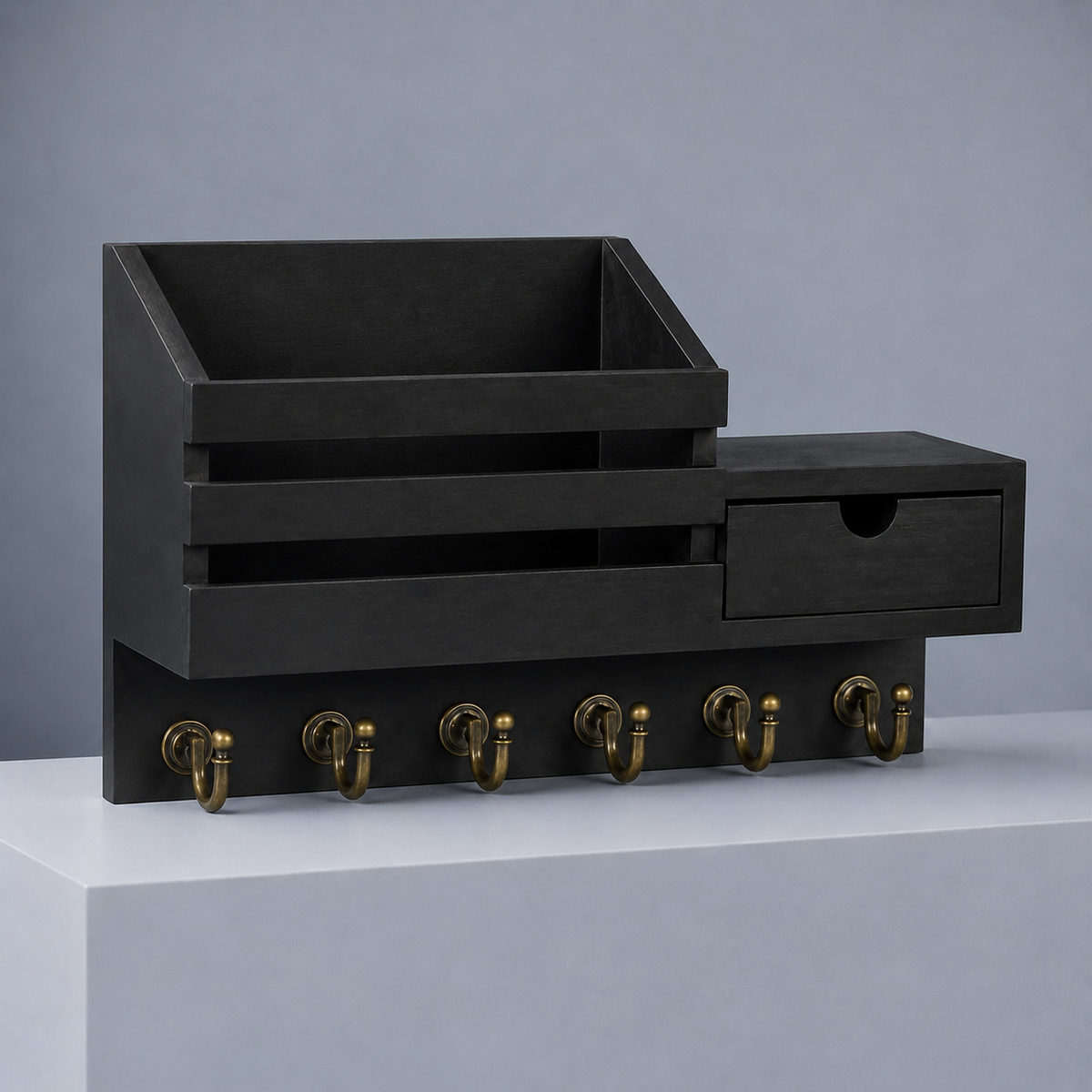 Wall-mounted entryway key rack with shelf drawer and hooks