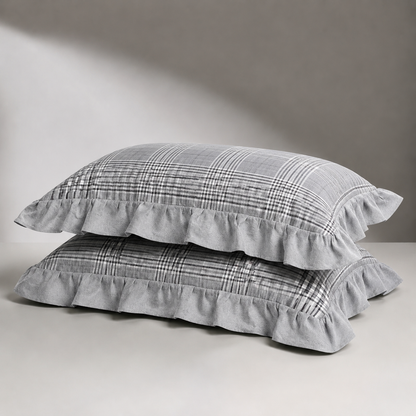 Checked washed cotton pillowcase with ruffle edge
