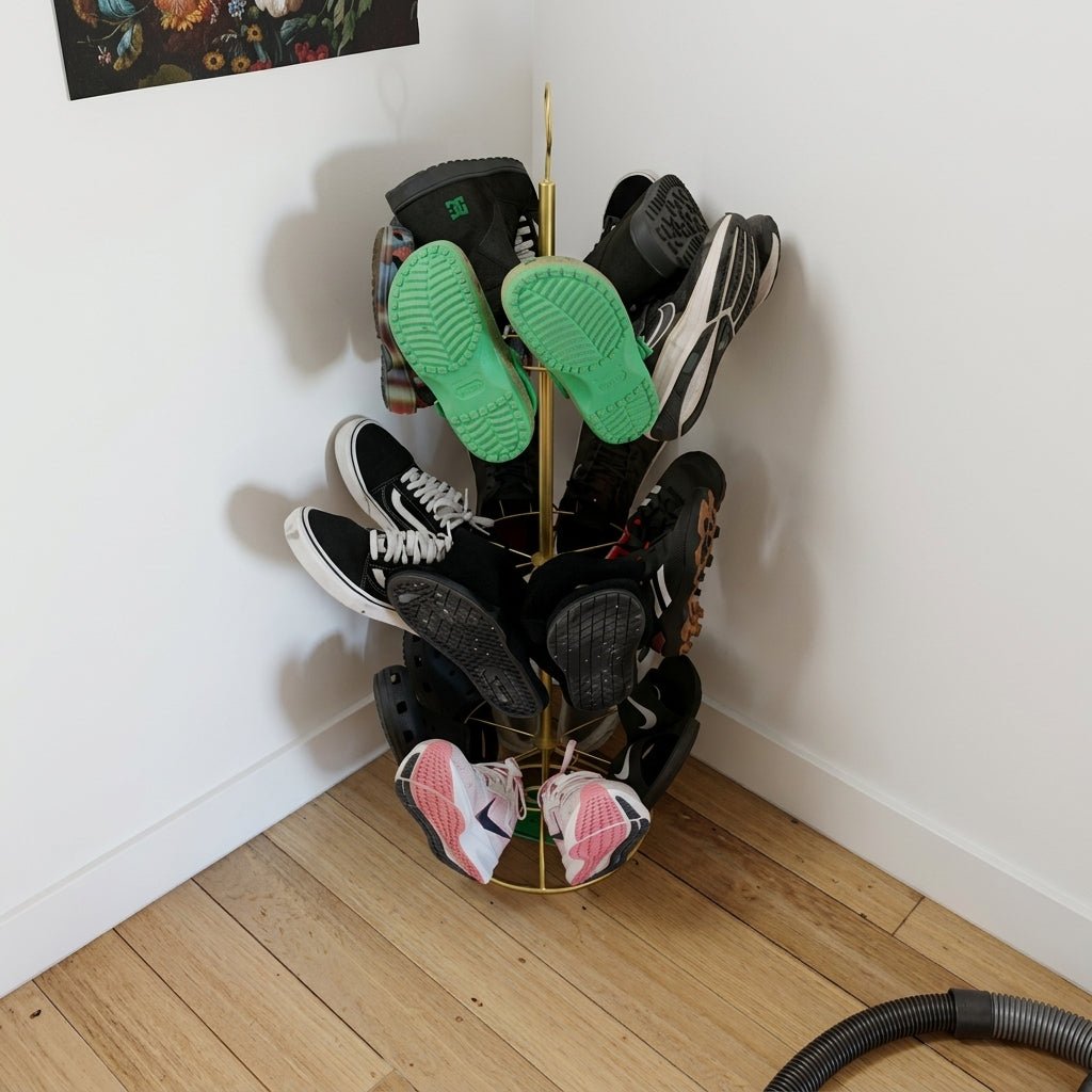 Vertical multi-tier metal shoe rack with hook