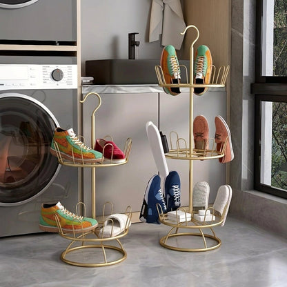 Vertical multi-tier metal shoe rack with hook