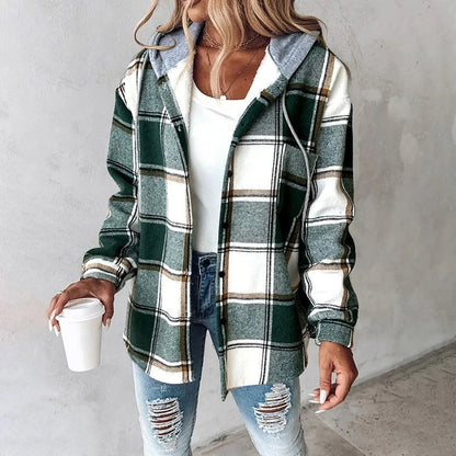 Women's Check Shacket – Casual Hooded Winter Overshirt