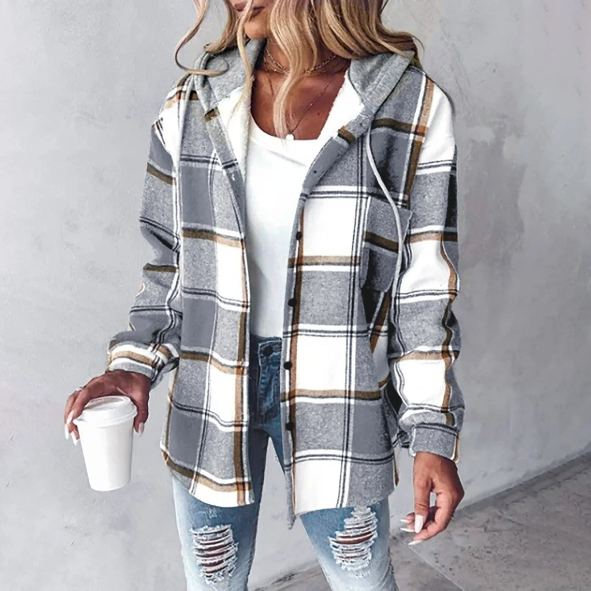Women's Check Shacket – Casual Hooded Winter Overshirt