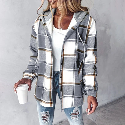 Women's Check Shacket – Casual Hooded Winter Overshirt