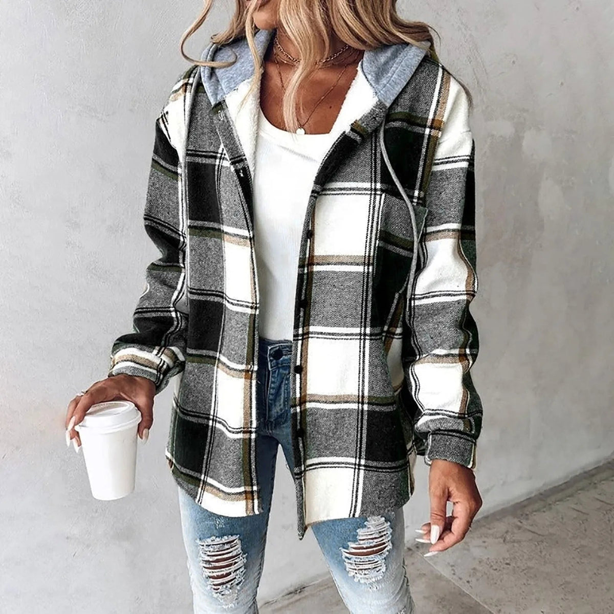 Women's Check Shacket – Casual Hooded Winter Overshirt