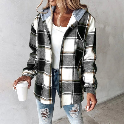 Women's Check Shacket – Casual Hooded Winter Overshirt