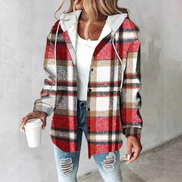 Women's red check hooded casual shacket overshirt