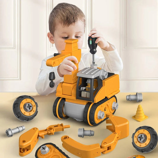 Take-apart construction vehicle toy with drill