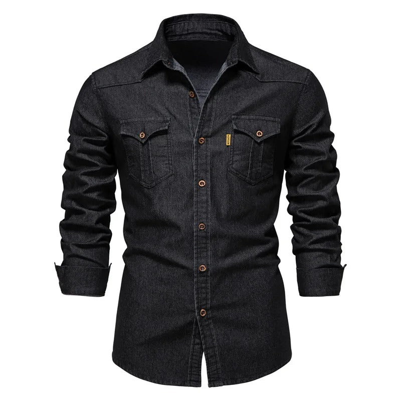 Men's Slim Fit Denim Shirt Elastic Cotton Solid Color Long Sleeve Pocket