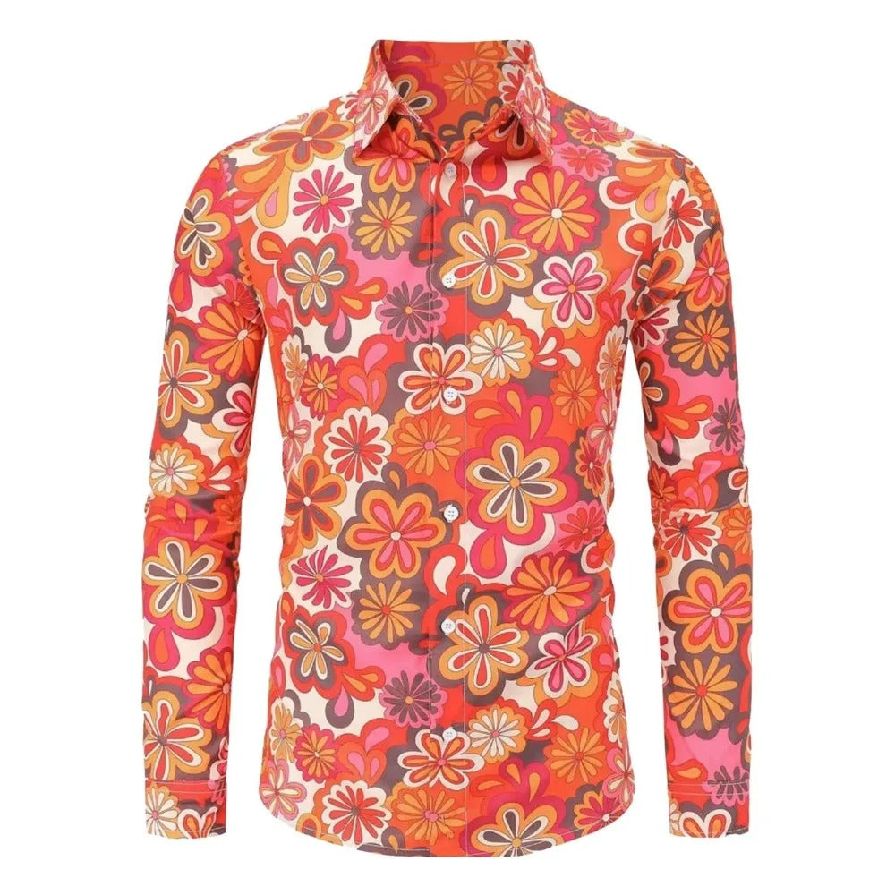 Long Sleeve Retro Shirt Floral Pattern 70s Disco Hip Hop Style