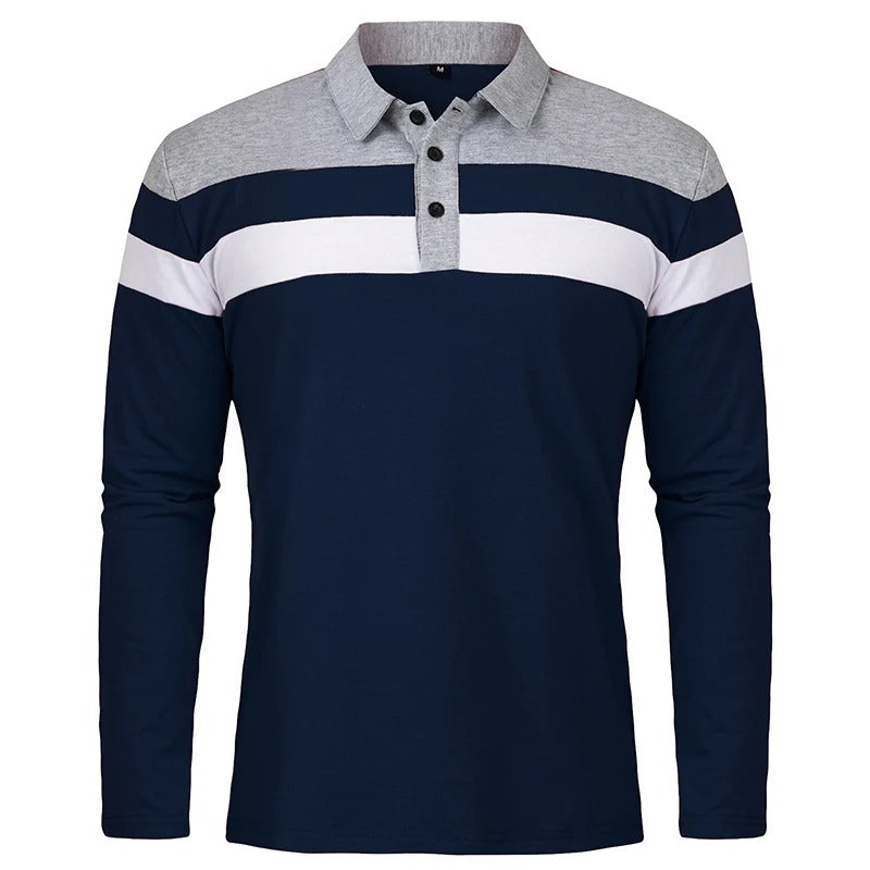 Men's Long Sleeve Polo Shirt Cotton Patchwork Striped Collared Pullover