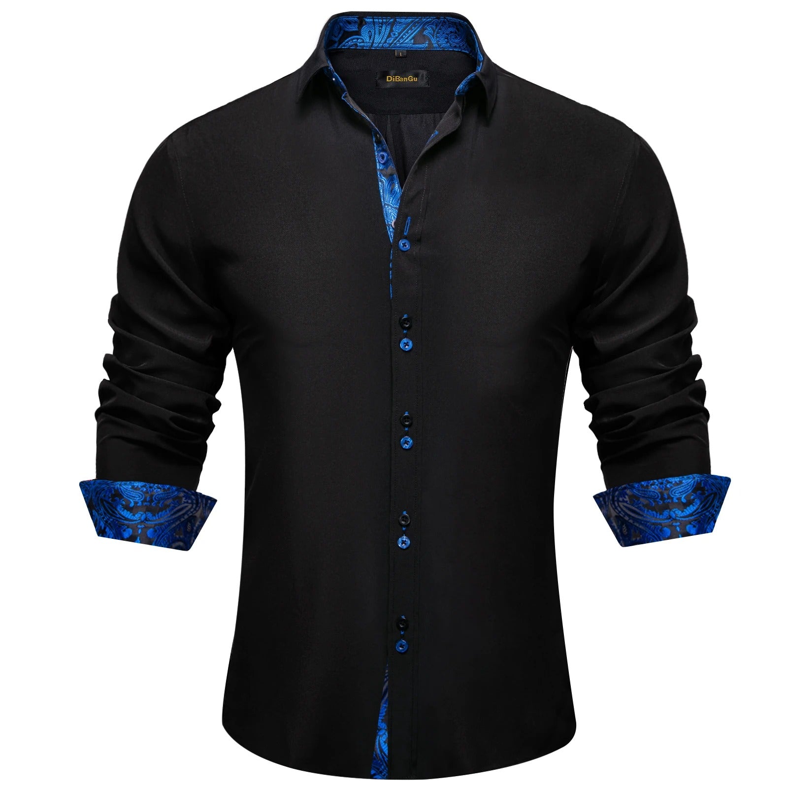 Men Dress Shirt Polyester Cotton Long Sleeve Paisley Patchwork Black Blue Casual Shirt