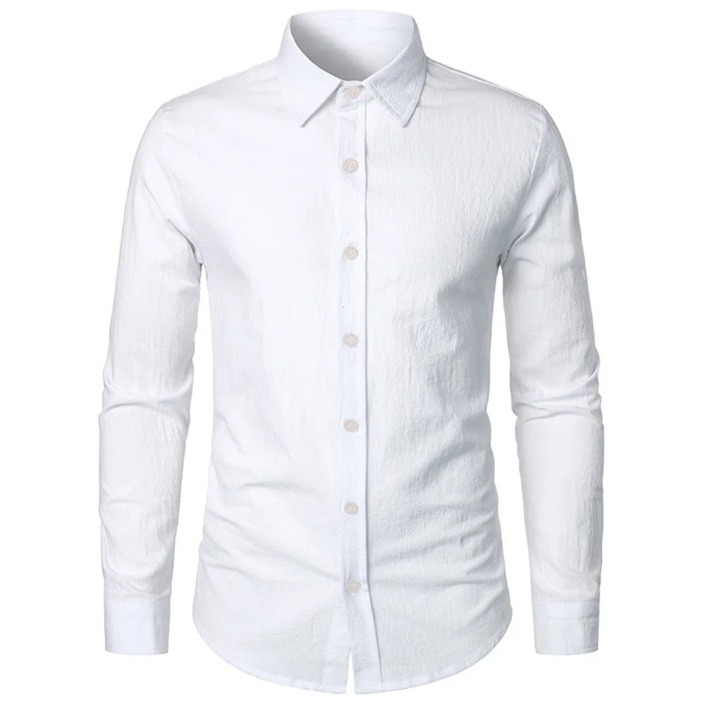 Men’s Slim Fit Cotton Linen Long Sleeve Button Front Collared Shirt
