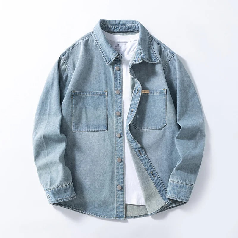Men’s Denim Shirt Vintage American Style Loose Fit Thin Non Stretch Button Up