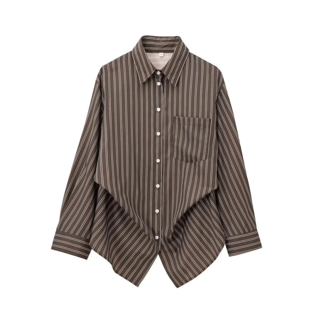 Women’s Button Up Shirt Brown Stripe Batwing Sleeves Patch Pockets