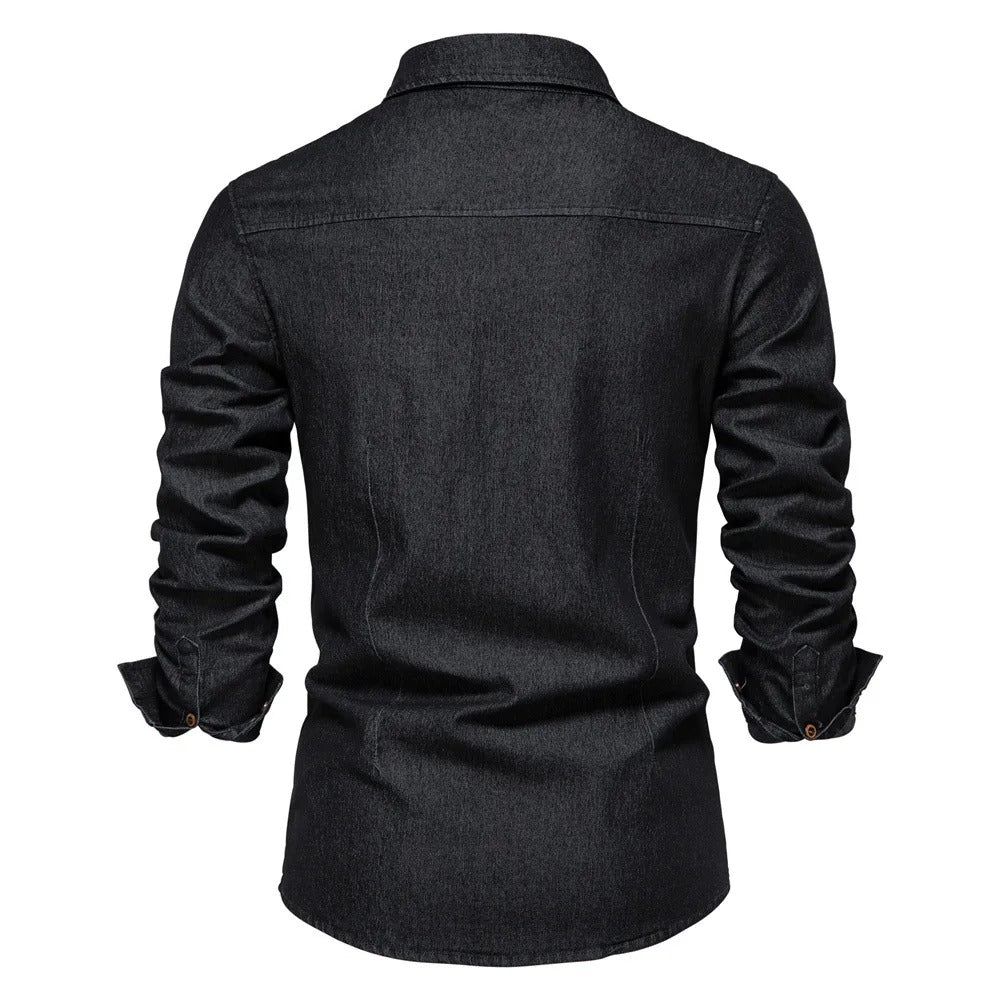 Men's Slim Fit Denim Shirt Elastic Cotton Solid Color Long Sleeve Pocket