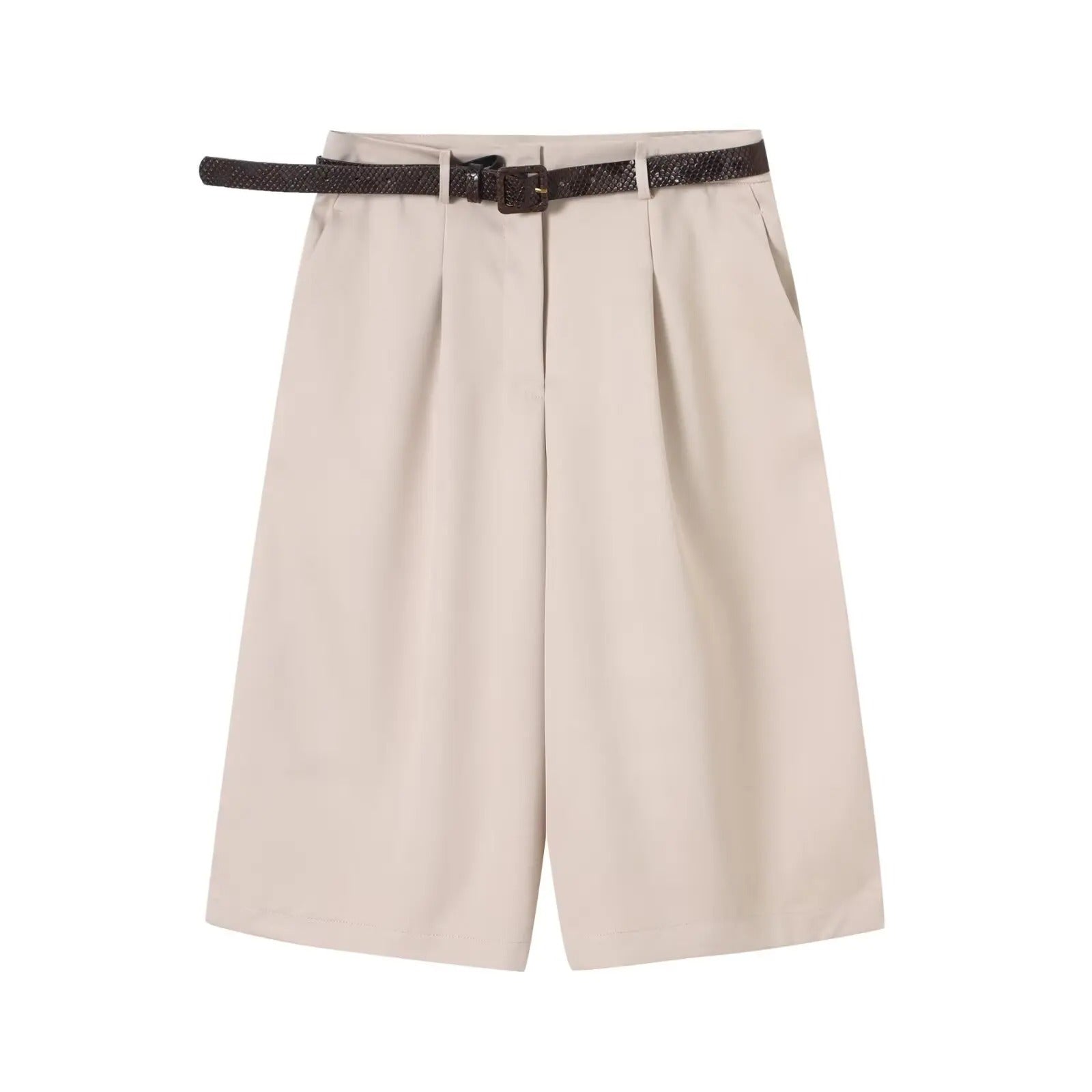 Women’s High Waist Pleated Shorts with Belt and Zipper