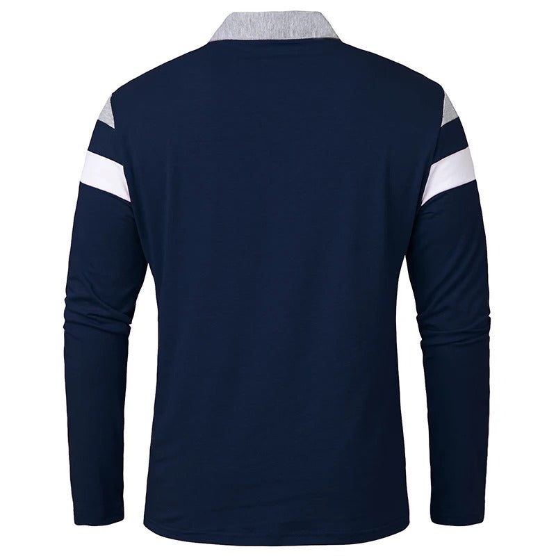 Men's Long Sleeve Polo Shirt Cotton Patchwork Striped Collared Pullover
