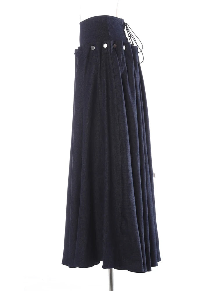 A-line Midi Skirt High Waist Pleated Button Front Navy Blue
