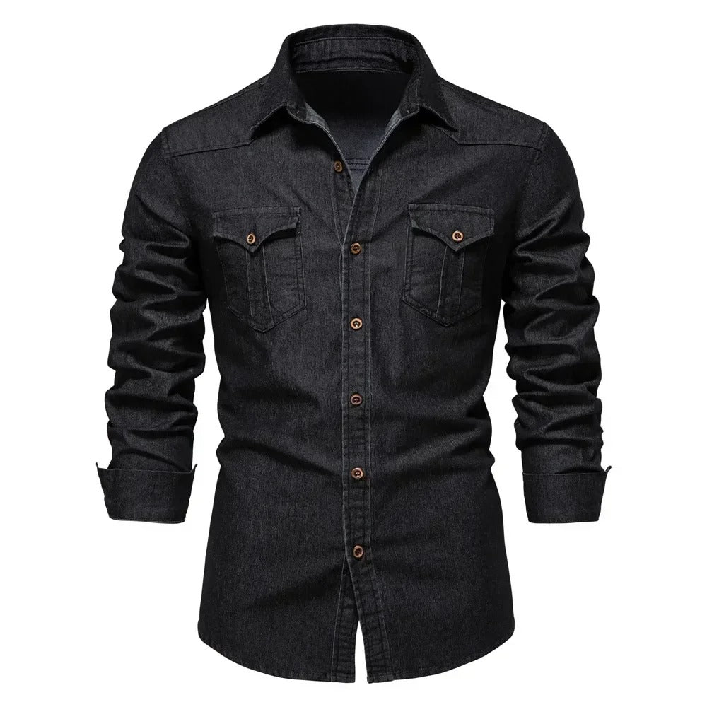 Men's Cotton Denim Shirt Long Sleeve Solid Color Casual Fit