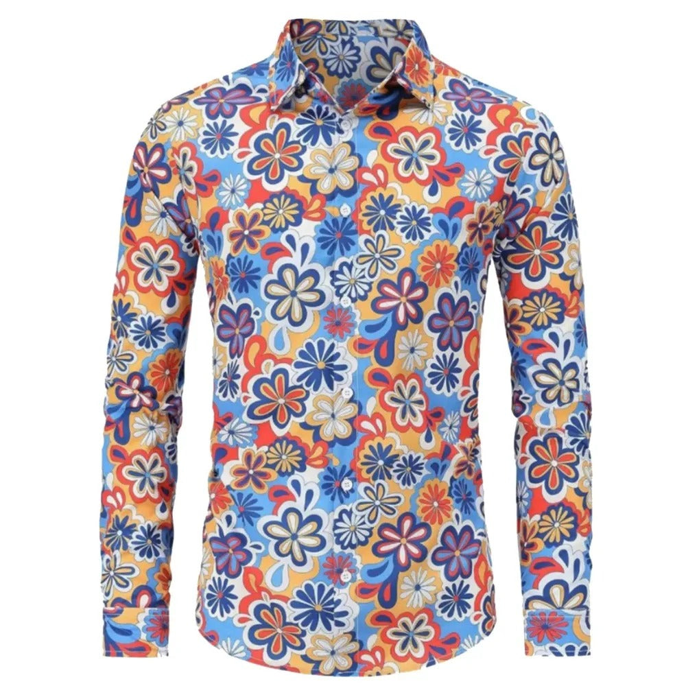 Long Sleeve Retro Shirt Floral Pattern 70s Disco Hip Hop Style