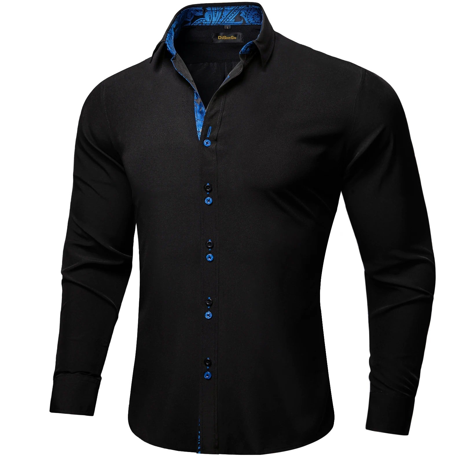 Men Dress Shirt Polyester Cotton Long Sleeve Paisley Patchwork Black Blue Casual Shirt