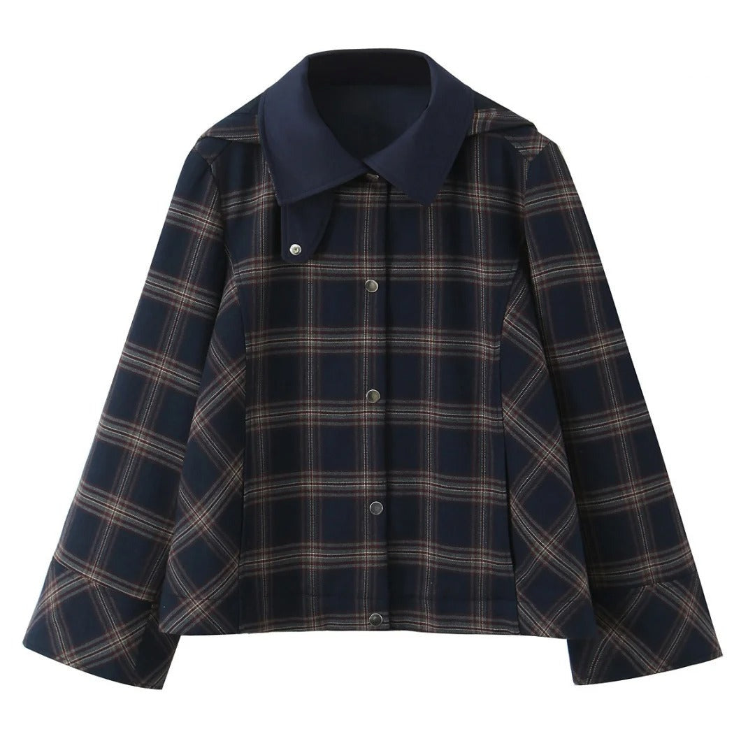 Women Hooded Plaid Jacket Single Breasted High Neck Long Sleeve Outerwear