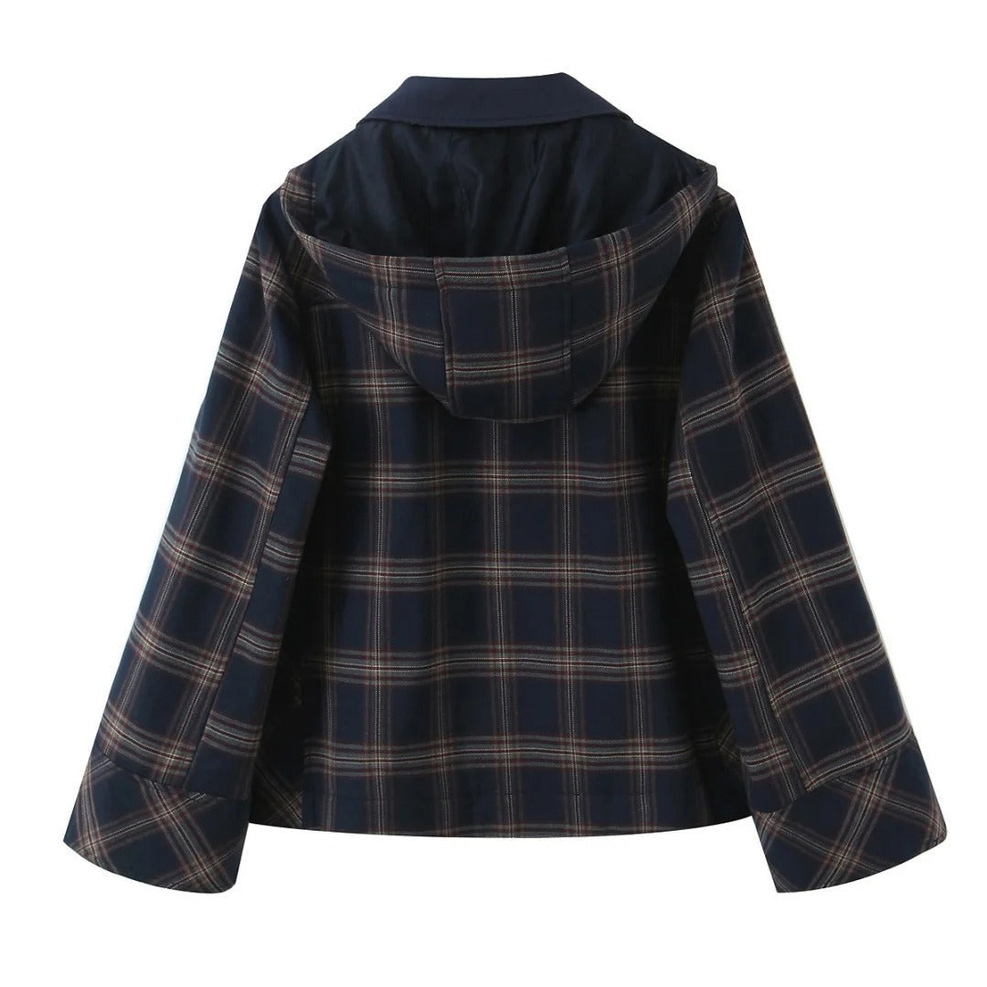 Women Hooded Plaid Jacket Single Breasted High Neck Long Sleeve Outerwear