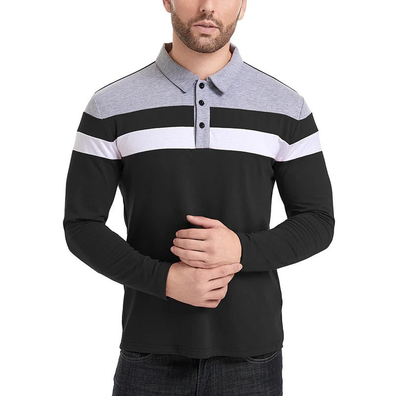 Men's Long Sleeve Polo Shirt Cotton Patchwork Striped Collared Pullover