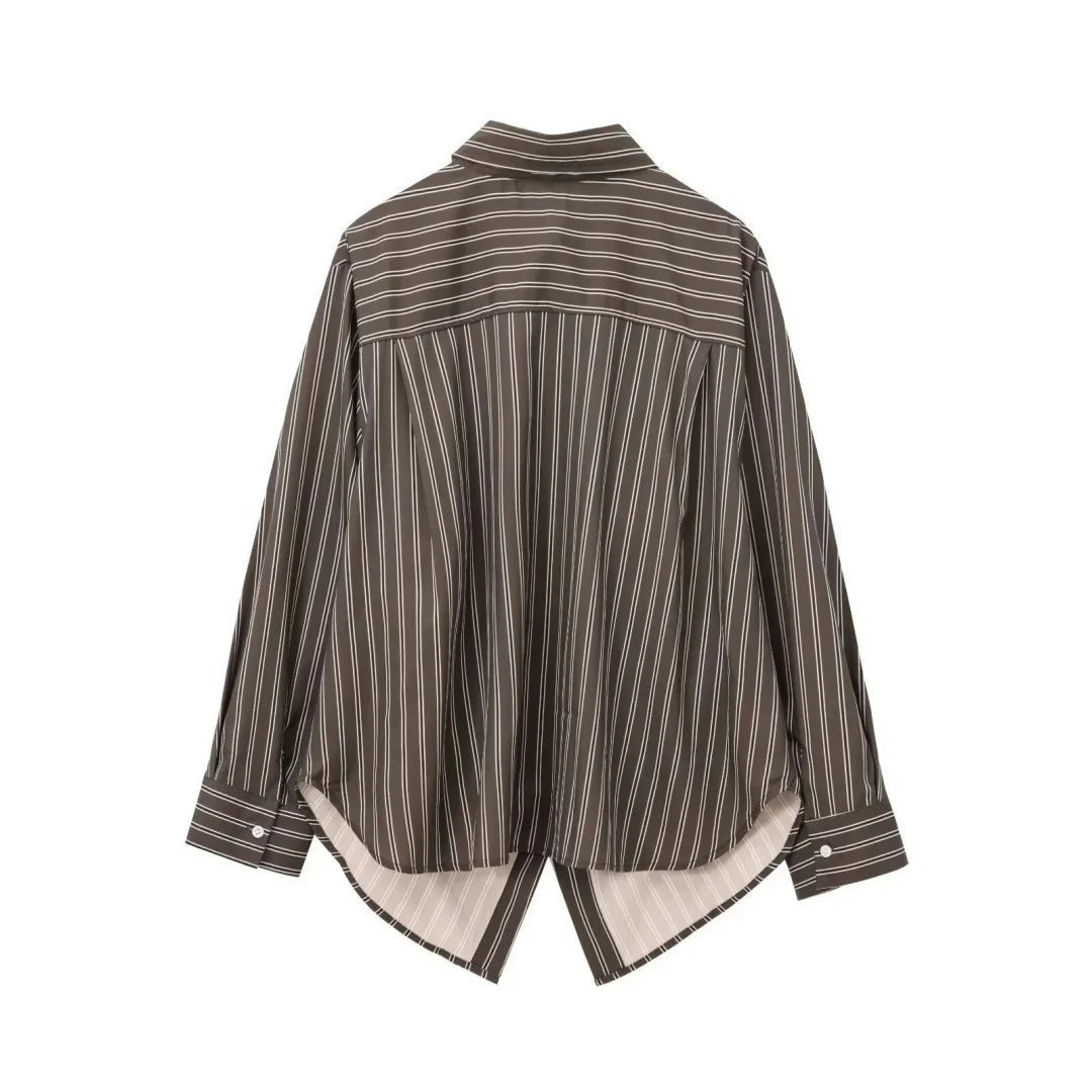 Women’s Button Up Shirt Brown Stripe Batwing Sleeves Patch Pockets