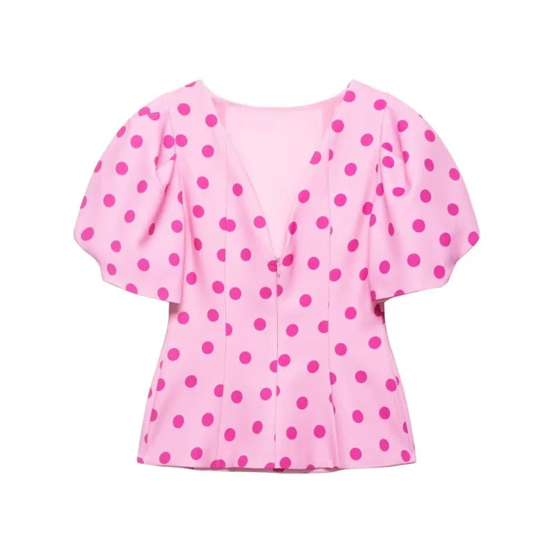 Women’s Sleeveless Shirt Polka Dot Ruff Sleeve Button Front Casual Blouse