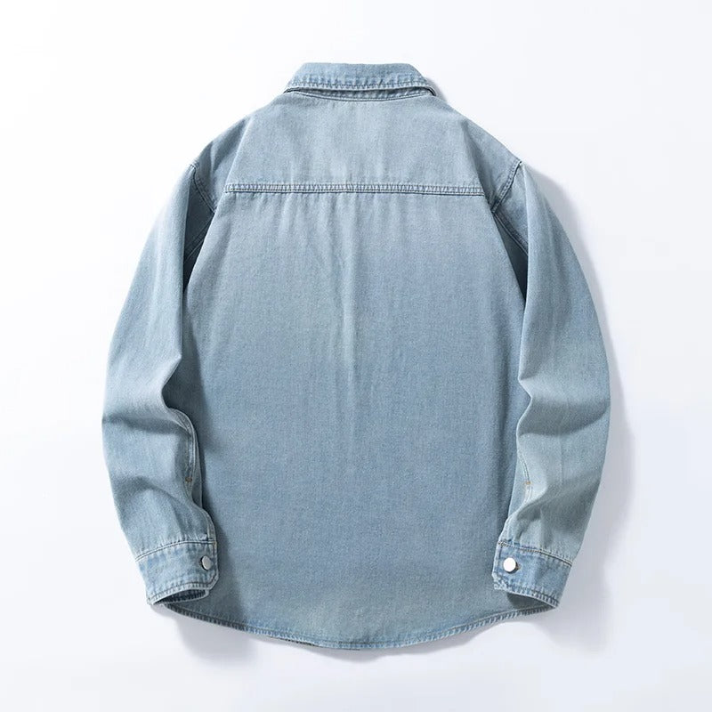 Men’s Denim Shirt Vintage American Style Loose Fit Thin Non Stretch Button Up