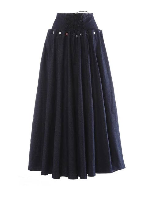 A-line Midi Skirt High Waist Pleated Button Front Navy Blue