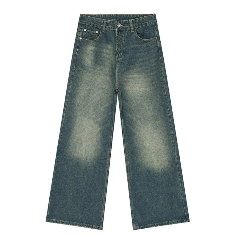 Men's Straight Wide Leg Jeans Gradient Wash Button Fly Denim Pants